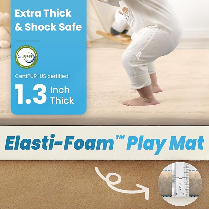 1.3" Thick Foam Baby Play Mat Extra Large 79x158, Basic Padded Plush Tummy Time Crawling Mat, Non-Slip Support Area Rug for Playroom Nursey Living Room (Beige)