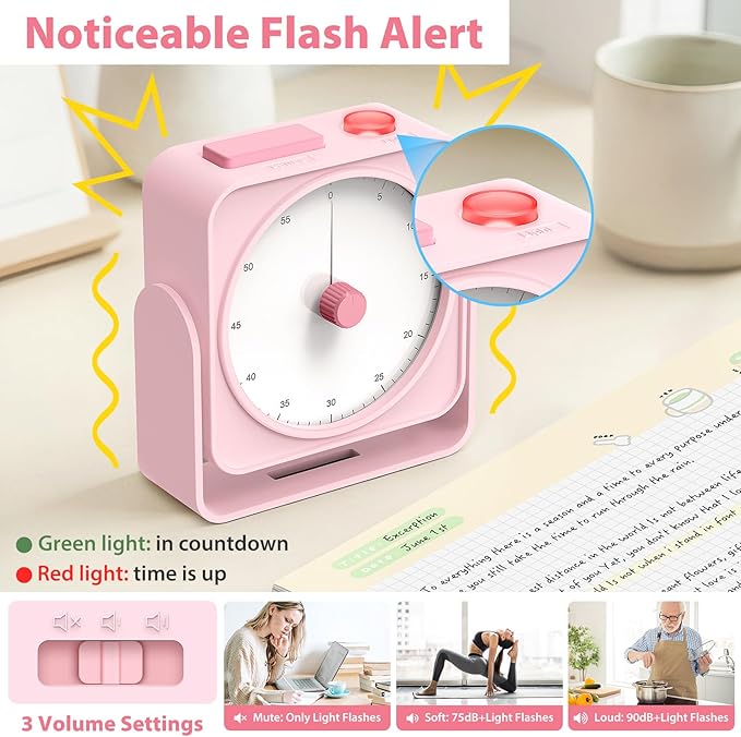 Rechargeable Visual Timer 60-Minute for Classroom Countdown Stopwatch Timer, w/Adjustable Stand for Homeschool Supplies Study Time Management Tool, for Desk Office Work Meetings, Mute Function, Pink
