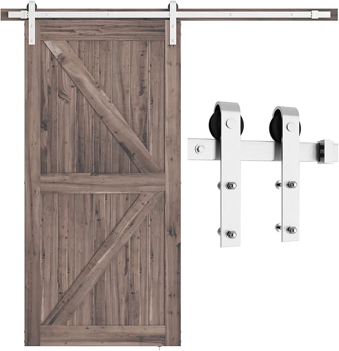 SMARTSTANDARD 7 Feet Brushed Nickel Barn Door Hardware Kit-Heavy Duty Sliding Track-Smoothly and Quietly-Easy to Install-Fit 42" Wide Door Panel (J Shape Hanger)