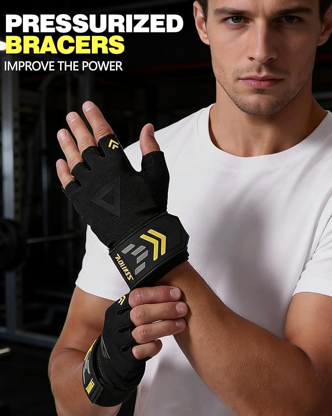 2-in-1 Workout Gloves, Weight Lifting Gloves with Wrist Wrap Support for Men & Women, Ventilated Fingerless Padded Gym Glove for Weightlifting Pull-Ups & Fitness Training