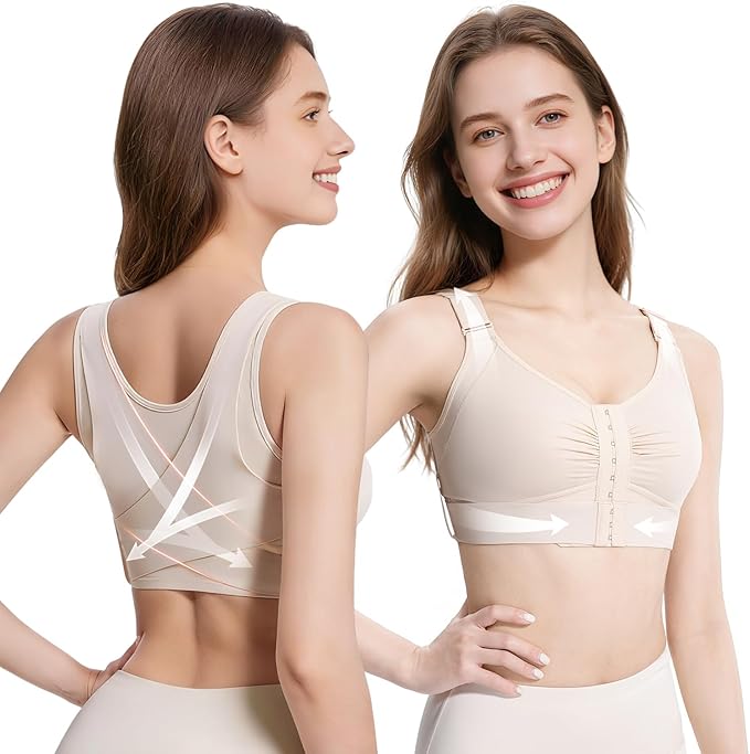 Fit Geno Posture Corrector Bra for Women, Back Support Bra with Supportive Comfort, Wireless Posture Correcting Bra for Older Women & Seniors Beige