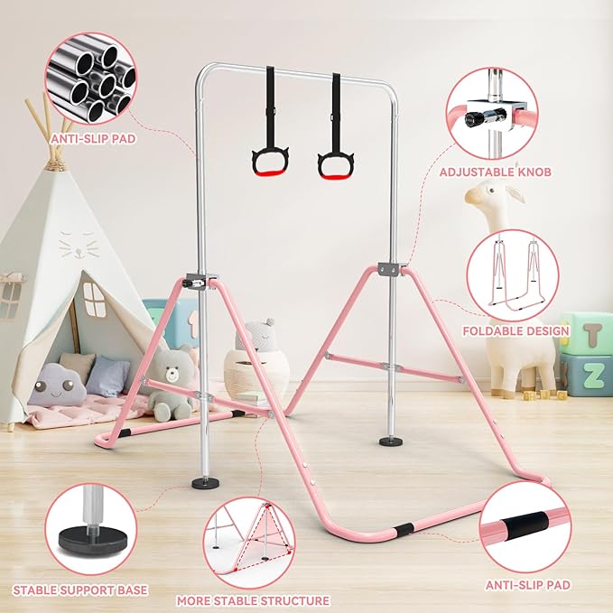 Gymnastics Bar for Kids with Gymnastics Rings, Height Adjustable Gymnastics Horizontal Bar, Foldable Bar Gymnastics Equipment for Home Room Indoor Outdoor Gym Practics, Gymnastic Bar