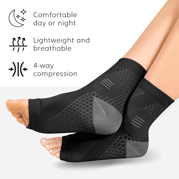 BraceAbility Neuropathy Socks (3 Pairs) - Multipack Peripheral Compression Diabetic Toeless Foot Sleeves for Nerve Damage in Feet, Ankle Gout, Plantar Fasciitis Relief for Men and Women (S - Black)