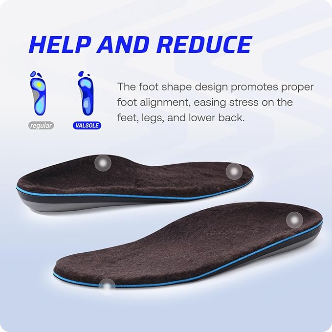 VALSOLE 250+lbs Winter Thermal Wool Insoles for Men Women,Plantar Fasciitis Orthotics Insert,for Flat Feet,High Arch,Foot Pain,Standing All Day Boot Work Shoe Warm Insoles(270mm)