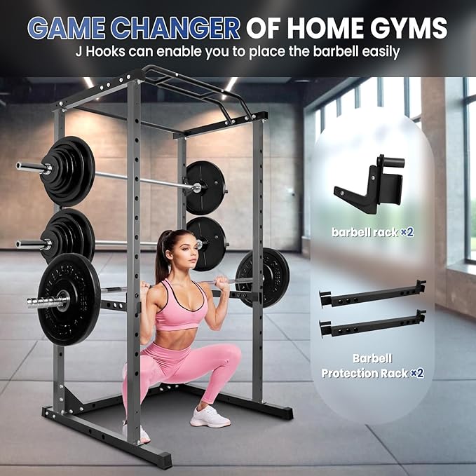 Multi-Function Power Cage, 1200 Lbs Capacity Squat Rack with Adjustable Cable Crossover, Stainless Steel Heavy Duty Fitness Cable Machine, for Training, Exercise Muscles