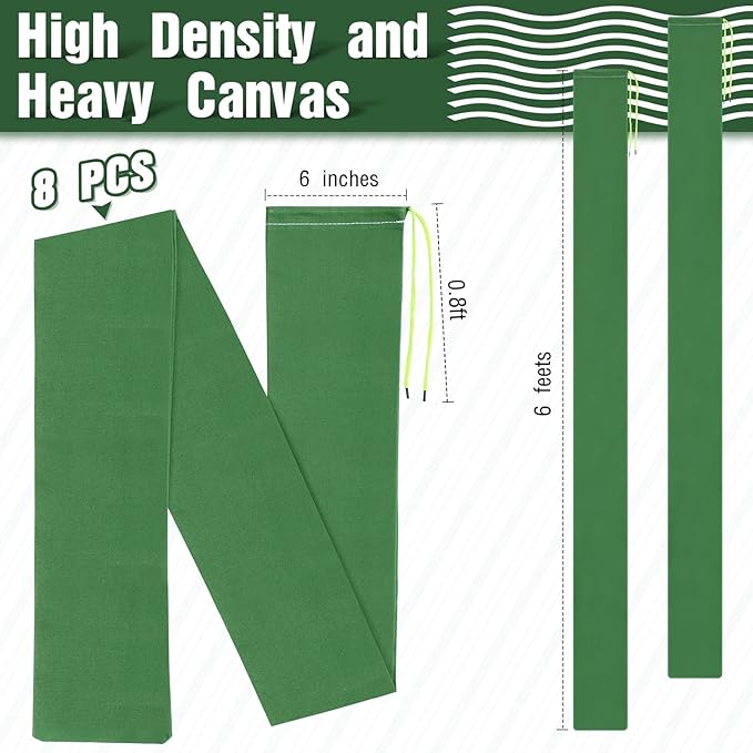 Threan 8 Pcs Long Canvas Sandbags for Flooding Sand Tube Bags Flood Protection Thickened Reusable Rain Wind Flood Barrier with Elastic Band Water Barrier Tube for Door Rain Control, Green (6ft)