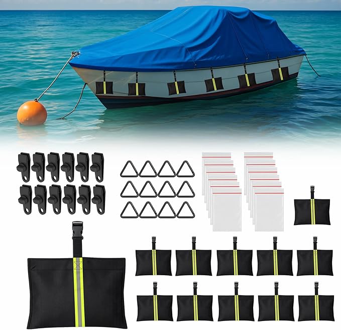 12 Pack Boat Cover Sandbags, 800D Marine Grade Polyester Fabric Reflective Sand Bag Mooring Kit, Windproof Boat Cover Weight Bags with Tarp Clip Accessories
