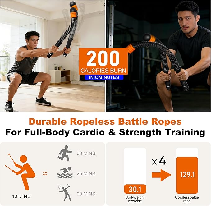 Adjustable Ropeless Battle Ropes, Portable Cordless Battle Ropes for Home Gym, Workout Equipment Exercise Rope for Low-Impact Workout, Strength & HIIT, for Men & Women (Black)