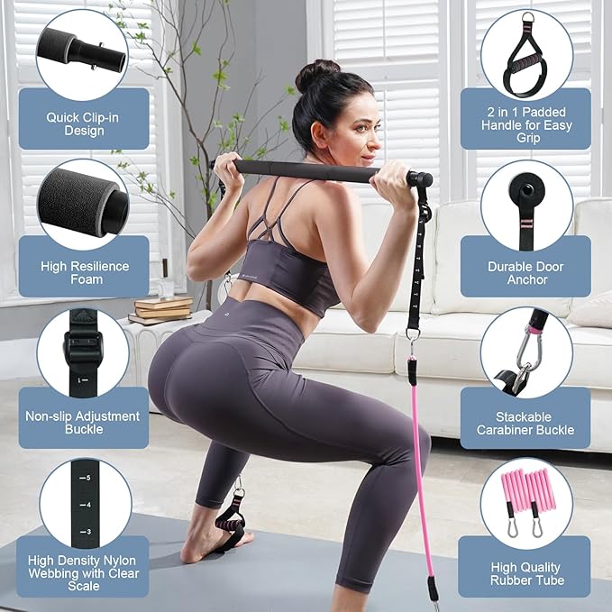 kisnbld Pilates Bar Kit with Resistance Bands, Multifunctional Pilates Bar with 3 Set Exercise Resistance Bands, Portable Pilates Equipment for Women Home Gym Yoga Workouts