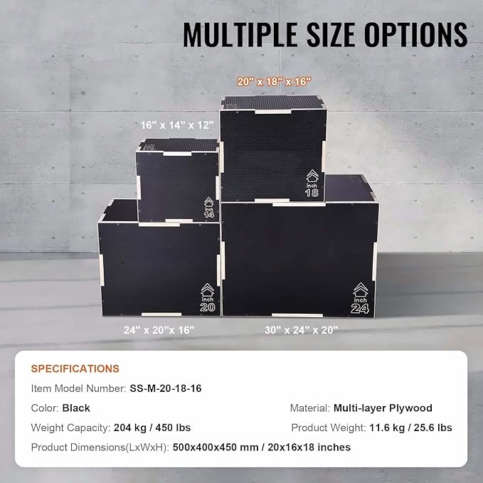 Plyometric Jump Box, 20/18/16 Inch Wooden Plyo Box - 3-in-1 Fitness Step Platform for Agility, Strength, Home Gym Training - Black