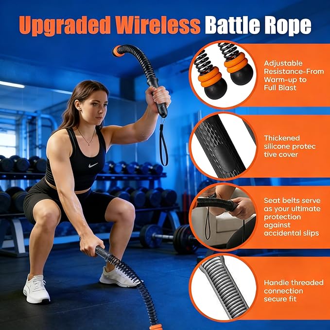 Adjustable Ropeless Battle Ropes for Home Gym, Portable and Quiet Training Rope for Men & Women, Variable Resistance System for Strength, Low Impact Cardio and HIIT Workouts (Black)