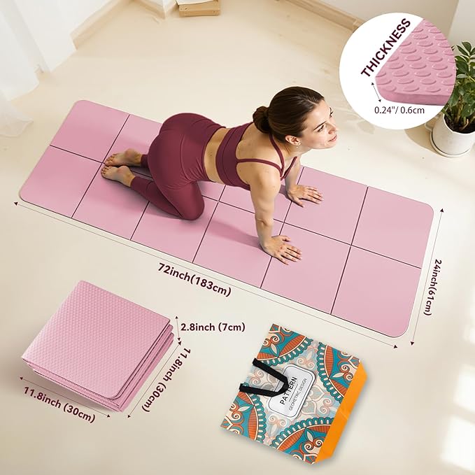 Foldable Yoga Mat Thick Non-Slip Exercise Mat - Packable Travel Fitness Mat with Carrying Bag for Yoga, Pilates, Workout, Home & Gym