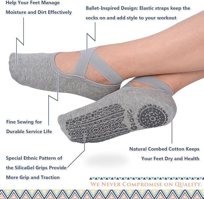 Ozaiic Pilates Socks for Women Non Slip Grip, Yoga Socks with Grippers for Barre, Hospital, Ballet, Dance, Barefoot Workout
