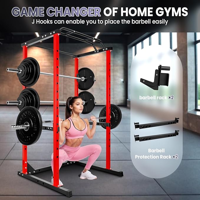 Multi-Function Power Cage, 1200 Lbs Capacity Squat Rack with Adjustable Cable Crossover, Stainless Steel Heavy Duty Fitness Cable Machine, for Training, Exercise Muscles