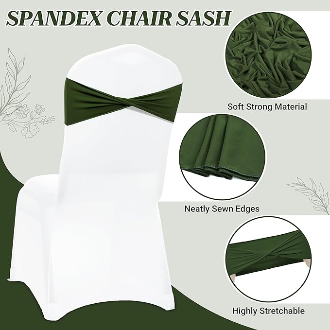 MDS Pack of 25 Spandex Chair Sashes Bows Elastic Stretch Dining Chair Bands Ties Without Slider Buckle Universal fits for Wedding Baby Shower Birthday Party Banquet Event Decoration - Olive Green
