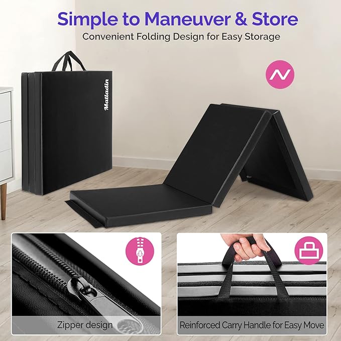 Matladin 6' Folding Tri-fold Gymnastics Gym Exercise Aerobics Mat, 6ft x 2ft x 2in PU Leather Tumbling Mats with Hook & Loop Fastener for Stretching Yoga Cheerleading Martial Arts