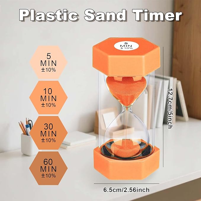 5 Minute Hourglass Sand Timer, Plastic Hexagon Hourglass Sand Clock 5 Min, Reloj De Arena 5 Minutos,Unbreakable Hour Glass Sandglass for Classroom Games Kitchen (Orange)