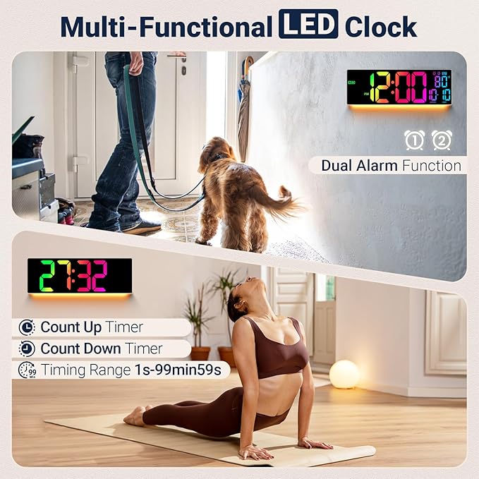 16.5" Large Digital Wall Clock: 11 RGB Color LED Display with Remote Control, Auto DST, Temperature & Date, Big Number Wall Clock for Seniors, Classroom, Office, Gym, Home Decor Khaki