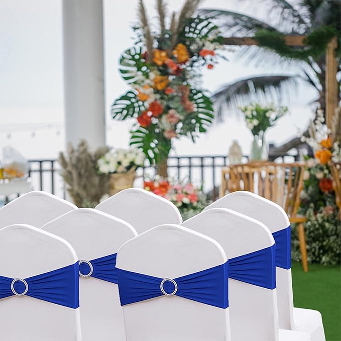 Spandex Royal Blue Chair Sashes 100 Pack Wedding Chair Bands with Buckles Dark Blue Chairs Bows for Party Birthday Bridal Baby Shower Engagement Anniversary Banquet Events Decorations