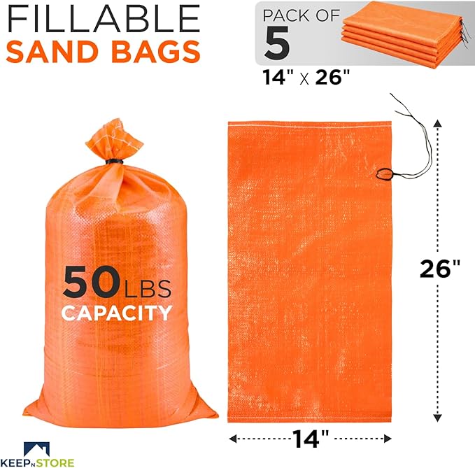 Heavy Duty Sand Bags Pack of 5, Bright Orange Empty Sandbags with Built-In Ties, Woven Polypropylene UV Protection 1600 Hours, Fillable Bags for Flood Control, Weight, 14x26 inches, 50 Pounds Volume