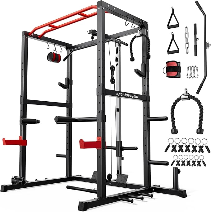 Sportsroyals Squat Rack, LAT Power Cage, Power Rack Multi-Function with Pulley System and Training Attachments for Home Gym