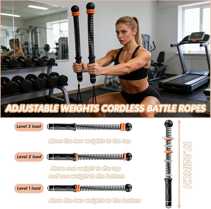 Portable Ropeless Battle Ropes, Adjustable Weights Cordless Battle Ropes for Quiet Home Gym, Workout Ropes for HIIT, No-Jump Training & Full-Body Exercise for Men & Women (Black)