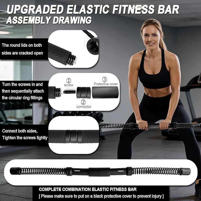 Ropeless Battle Ropes (2-in-1) Elatic Fitness Bar,Cordless Battle Ropes Sticks with Exercise Guide,Portable Home Gym Equipment for HIIT,Strength Low-Impact Workouts for Men & Women Black