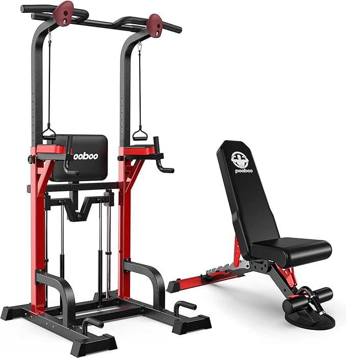 Pooboo Power Tower Dip Station Pull Up Bar for Fitness Home Gym Workout,450 Pounds Multi-Function Adjustable Height Fitness Strength Training Exercise Equipment,with Power Elastic Ropes