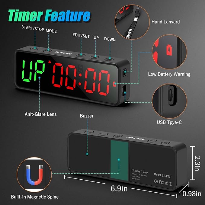 Small Gym Timer Clock Stopwatch Magnetic Workout Interval Timer, Large LED Digital Display, Home Accessories Countdown Clock for Home Gym Garage Schools (Matte Black)