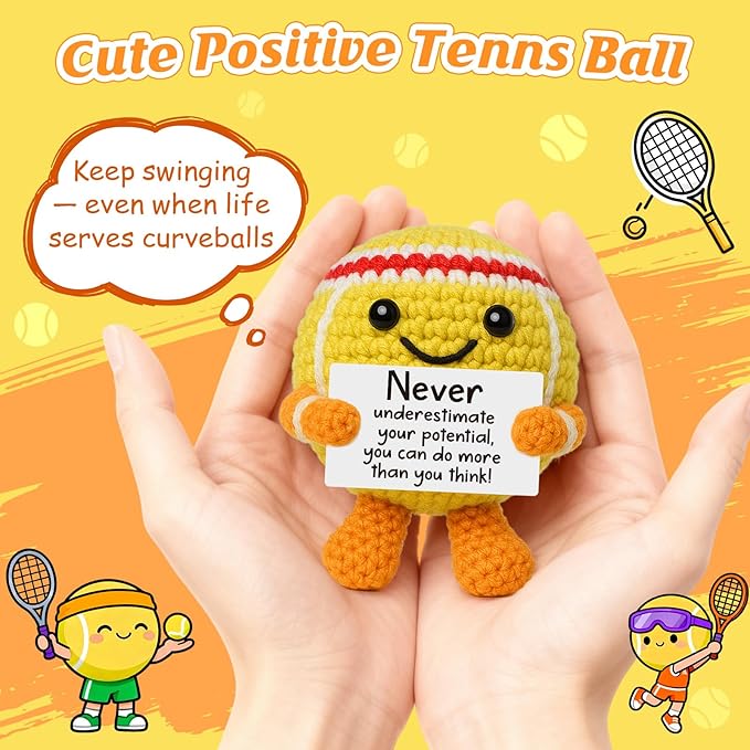 Mini Positive Crochet Tennis Ball Gifts for Women Men - Handmade Crochet Tennis Ball, Motivational Encouragement Christmas White Elephant Gift for Tennis Balls Lover Coworker Friend Coach