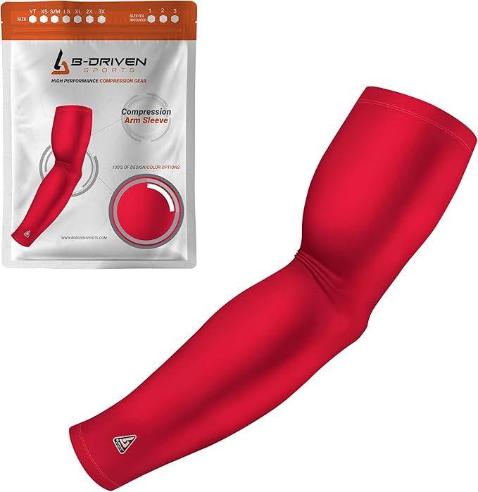 B-Driven Sports Pro-Fit Compression Arm Sleeve for Men, Women & Youth, Volleyball Baseball Basketball Weightlifting - Single