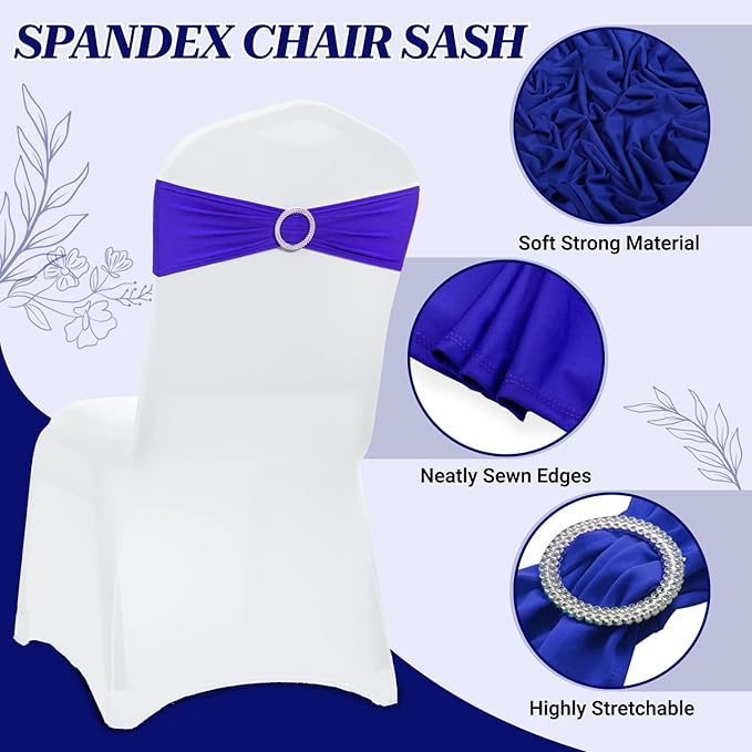 VDS - Royal Blue | Spandex Chair Sashes Bows | 300 PCS | Stretch Elastic Banquet Universal Folding Chair Band Tie with Silver Buckle Slider for Wedding Party Conference Celebration Event Decoration