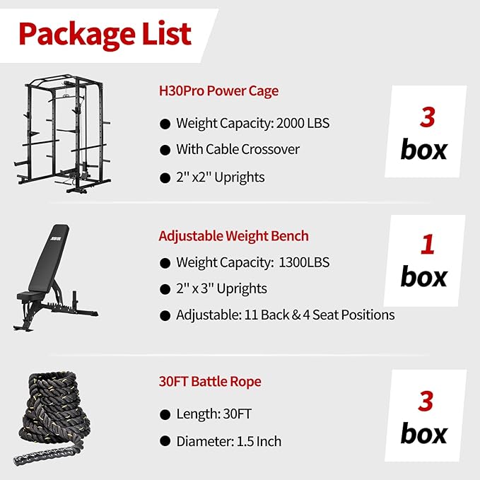 JEEKEE Power Rack with LAT Pulldown, 2000LBS Power Cage with Cable System, Multi-Function Squat Rack with J-Hooks, Safety Bars, Landmine, Pull Up Bar & Attachments for Home Gym Strength Training,Black