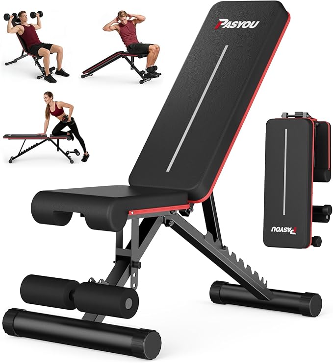 PASYOU Adjustable Foldable Weight Bench for Home Gym with 660LBS, Workout Bench for Incline Decline Flat Bench Press, Full Body Strength Training, Ideal for Small Space Apartment