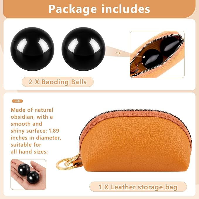 AceOrbit Baoding Balls Set of 2, Chinese Stress Relief Hand Exercise Balls with Leather Pouch, 1.89 Inch Black Obsidian, Finger Exercise and Wrist Strength Training