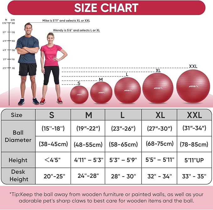 APEXUP Yoga Ball Exercise Ball Anti Slip Heavy Duty for Fitness, Balance & Core Workout, Balance Training, Pregnancy & Physical Therapy, 5 Sizes