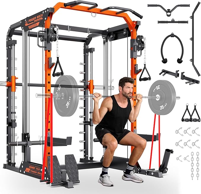 YOLEO Smith Machine & Squat Rack Combo, Multi-Functional Power Racks with Adjustable Width & Pull-Up Bar, Cable Crossover Power Cage, Independent Dual-Pulley System for Home Gym Garage Basement