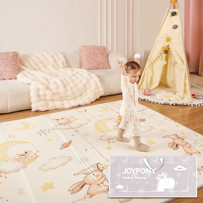 Joypony Baby Play Mat, 79" X 71" X 0.6" Extra Large & Thick Reversible Foldable Play Mats for Babies and Toddlers, Anti-Slip Portable Baby Floor Mat for Tummy Time, Baby Mat for Floor with Travel Bag