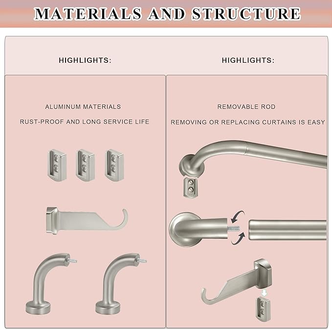 Brushed Nickel Curtain Rods for Windows 66 to 120",1 Inch Disc Wrap Around Curtain Rod with Aluminum Finials and Brackets,No Screw Disassembly Adjustable Blackout Curved Room Darkening Curtain Rod