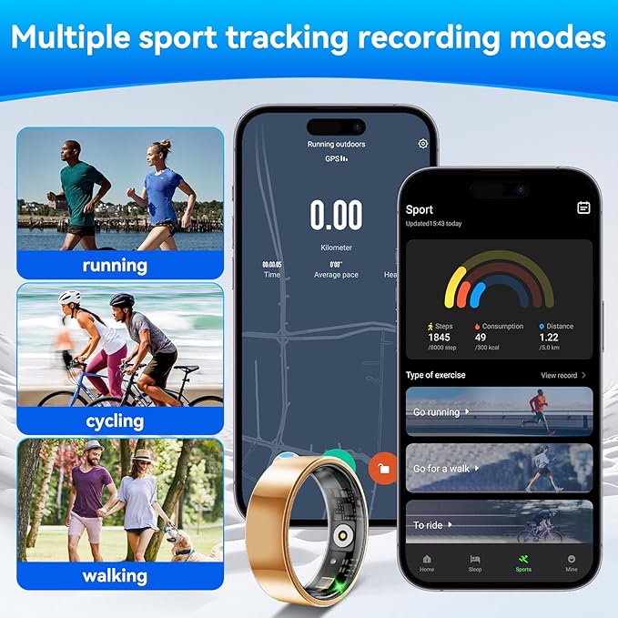 Smart Fitness and Activity Ring for Men and Women - Track Heart Rate Stress Sleep Steps and Blood Oxygen, 10ATM Waterproof Fitness Tracker for iPhone and Android, No Subscription Fee, Size 10