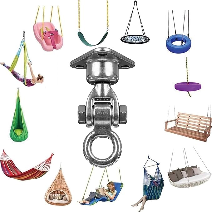 1500 LBS Heavy Duty Swing Hanger | 304 Stainless Steel Swivel Hanging Hardware with Oval Hooks | for Porch Swing, Hammock, Punching Bag, Playground,Hanging Chair (3 holes-360°+180°)