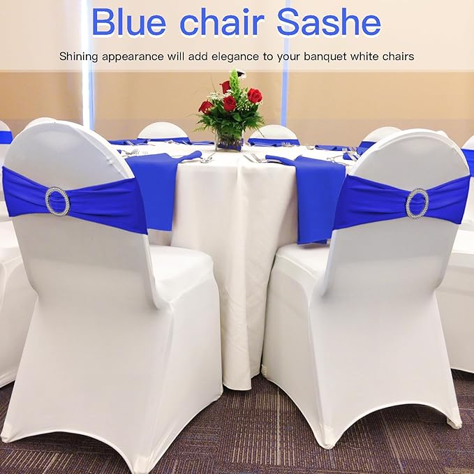 WJWHQ 100PCS Spandex Stretch Chair Sashes Bows Elastic Chair Cover Bands Ties with Buckle Slider for Wedding Party Reception Events Universal Ceremony Banquet Decorations(Royal Blue)