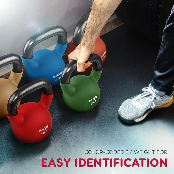 Yes4All Kettlebell, 5-65 LB Neoprene Coated Cast Iron Kettlebells, Wide Grip Handle & Flat Bottom for Swings, Squats, Deadlifts, Push Ups & Full Body Training at Home Gym - Single & Set