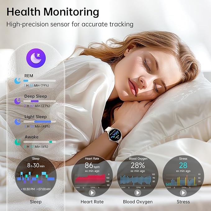 Smart Watch for Women, 1.27" AMOLED Screen Smartwatch with Answer/Make Call for iPhone/Android/Samsung, Fitness Tracker with 120+ Sport Modes, Heart Rate/Sleep/Health Monitor, IP68 Waterproof, 2 Bands