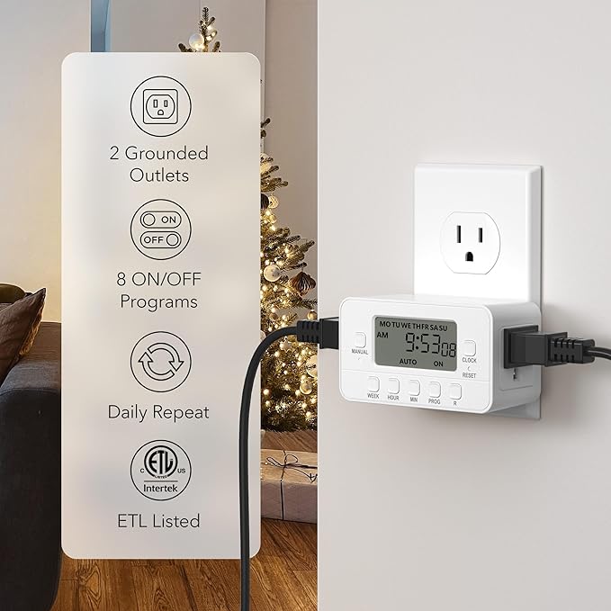 BN-LINK 7-Day Heavy Duty Digital Timer with Dual Outlet, LCD Display, 3-Prong Programmable Design, for Lights, Fans, Coffee Machine, Home, Office, Indoor Use, 125V 15A 1875W, 2 Pack