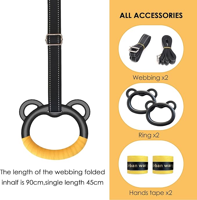 Gymnastics Rings, Professional Children's Home Fitness Equipment, Children's Adjustable Harness Strength Training Rings, Indoor Gymnastics Rings (Yellow)