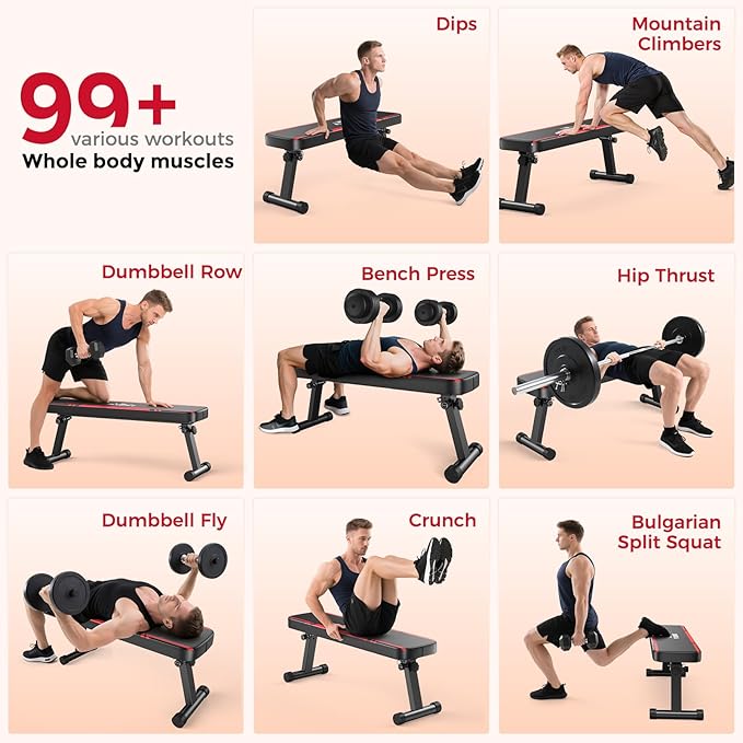 FLYBIRD Foldable Flat Weight Bench For Home Gym, Sturdy Strength Training Workout Bench, Space-saving Bench Press Flat Exercise Bench, Easy to Assemble