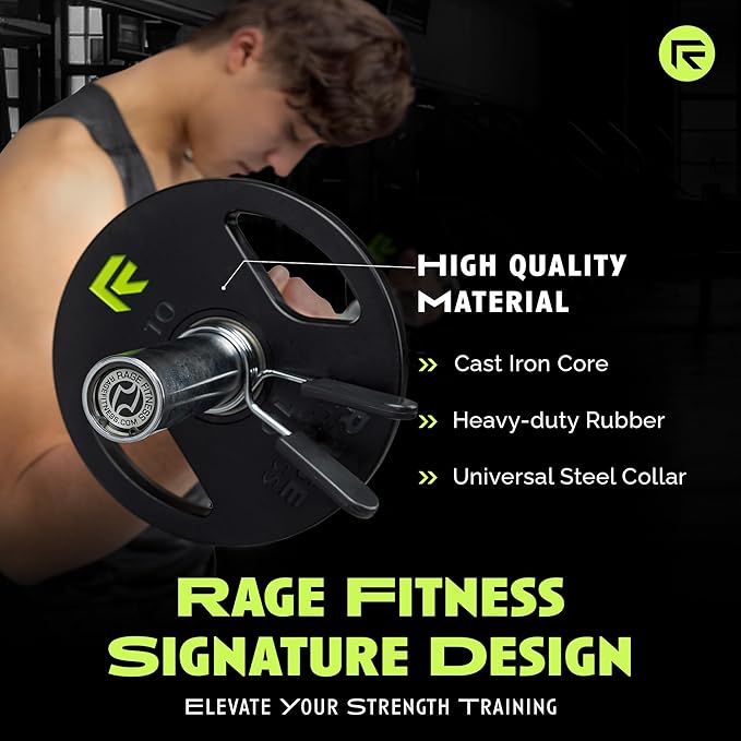 Rage Fitness Cast Iron Weight Plates, Rubber Coated, 2" Steel Insert (5lb, 10lb, 25lb, 45lb - SOLD INDIVIDUALLY), Rubber Weight Plates for Strength Training, Bench Press, Squats, Powerlifting