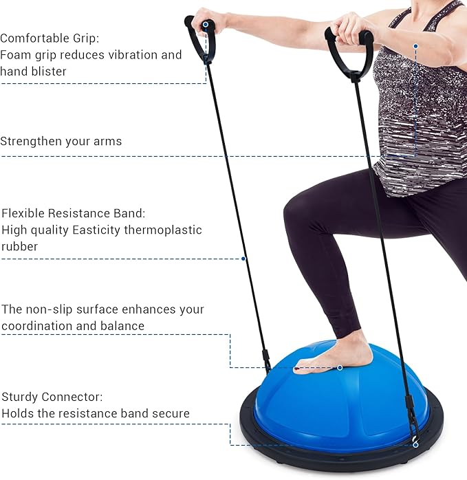 IDEALHOUSE 23" Half Exercise Ball Trainer, Balance Ball Trainer with Resistance Bands, 1600 Lbs Non-Slip bosu Ball for Strength Training, Stability Gear for Home Gym Body Workout & Pilates Equipment