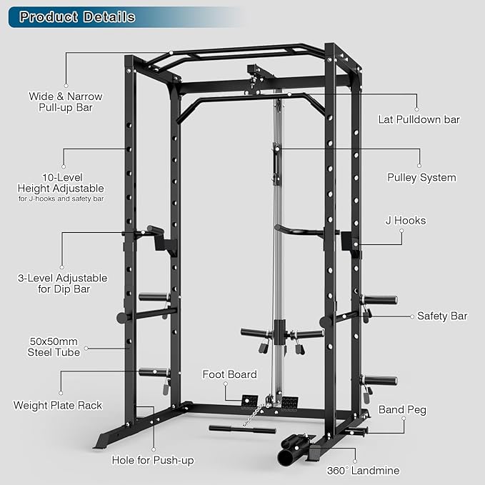 ULTRA FUEGO Power Cage, Multi-Functional Power Rack with J-Hooks, Dip Handles, Landmine Attachment and Optional Cable Pulley System for Home Gym